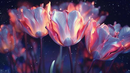 A mesmerizing 8K close-up of dew-kissed Twilight Tulips, each petal reflecting the tranquil beauty...
