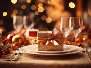 primo piano di set di tavola apparecchiata natalizia, colori dorati e piatti lussuosi, posate d'argento, concetto di cena di Natale o veglione di capodanno - obrazy, fototapety, plakaty