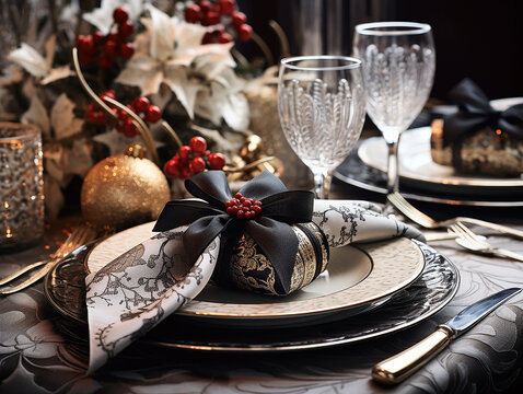 primo piano di set di tavola apparecchiata natalizia, colori natalizi e piatti lussuosi, posate d'argento, concetto di cena di Natale o veglione di capodanno