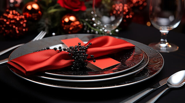 primo piano di set di tavola apparecchiata natalizia,  tovagliolo rosso e piatti lussuosi, posate d'argento, concetto di cena di Natale o veglione di capodanno