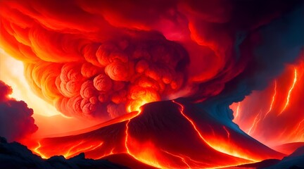  The primary subject at the forefront is a raging eruption of lava, its fiery explosion beautifully rendered in a stunning palette of oranges, reds, and blacks - obrazy, fototapety, plakaty