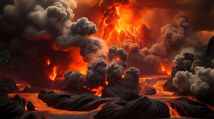  The primary subject at the forefront is a raging eruption of lava, its fiery explosion beautifully rendered in a stunning palette of oranges, reds, and blacks