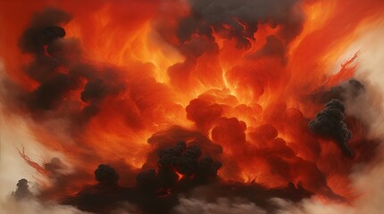 the primary subject at the forefront is a raging eruption of lava, its fiery explosion beautifully rendered in a stunning palette of oranges, reds, and blacks.  - obrazy, fototapety, plakaty