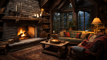 Fototapeta na wymiar A cozy log cabin interior, featuring a stone fireplace, rustic wooden beams, and plaid blankets
