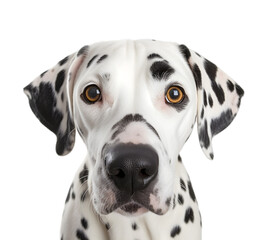 Portrait of a cute dalmatian dog looking at the camera, close up shot, isolated on transparent background. 