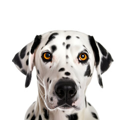 front view, close up shot , portrait of an adorable dalmatian dog looking at the camera, isolated on transparent background.