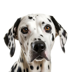 front view, close up shot , portrait of an adorable dalmatian dog staring at camera, isolated on transparent background.