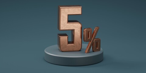 3D render 5% percentage number gold style for discount