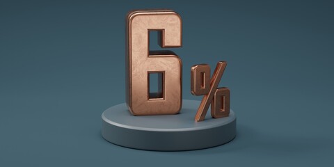 3D render 6% percentage number gold style for discount