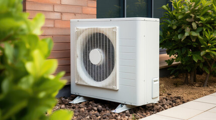 heat pump installed in residential building. Sustainable and clean energy at home, new heating, future