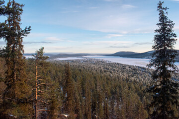 Winter landscape of the town of Jukkasjarvi, Sweden. Situated in the north of Sweden in Kiruna municipality.