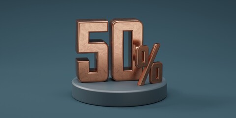 3D render 50% percentage number gold style for discount