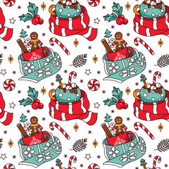 Christmas cocoa with marshmallow and gingerbread man. Seamless pattern. Vector.