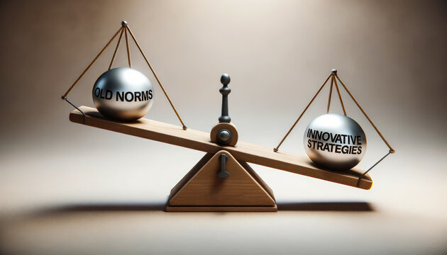 3D render of a seesaw in equilibrium, with weights labeled Old Norms on one side and Innovative Strategies on the other, perfectly balanced, representing the balance in a Paradigm Shift.