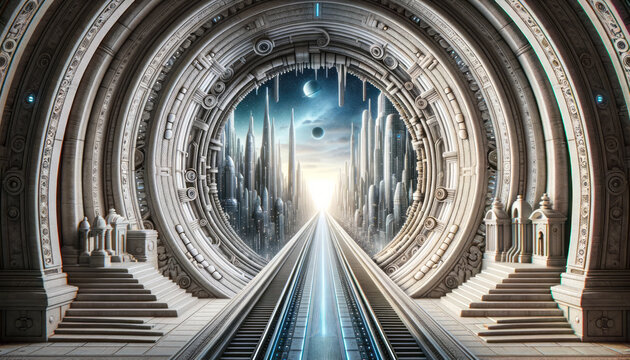 3D illustration of a tunnel where the entrance is styled as an ancient archway and the exit reveals a futuristic metropolis. Traveling through the tunnel symbolizes the journey of a Paradigm Shift.