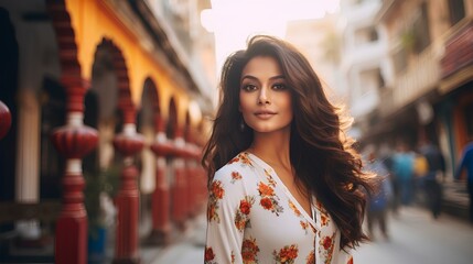 Fototapeta premium a fashionable Indian woman, capturing her modern elegance in the heart of the city. generative AI