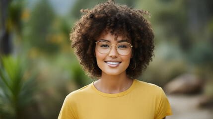 Portrait of a beautiful young african american woman with curly hair smiling at the camera.