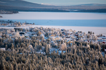 Winter landscape of the town of Jukkasjarvi, Sweden. Situated in the north of Sweden in Kiruna...