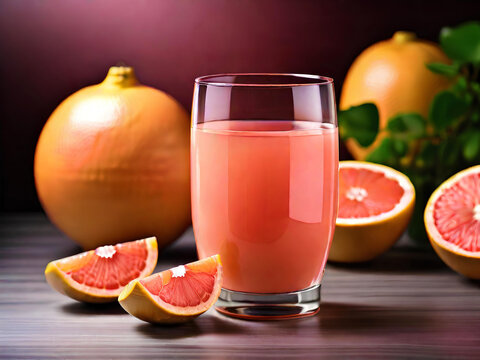 Fresh squeezed grapefruit juice in a glass with sliced grapefruits lying next to the glass on table. Front view. Vitamins, immunity, winter disease prevention and healthy food concept