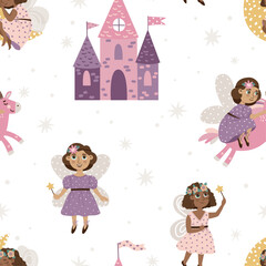 Vector illustration of a seamless pink fairy pattern, suitable for printing on fabric, paper, cards, and more creative applications.