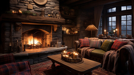 Fototapeta premium A cozy log cabin interior, featuring a stone fireplace, rustic wooden beams, and plaid blankets