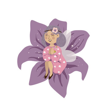 Vector illustration with a fairy in a flower, suitable for printing on fabric, paper, cards and other creative uses.