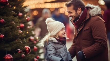 heartwarming moment of a father and his little daughter selecting the perfect Christmas tree at a bustling street market. A delightful image of family traditions during the winter holidays