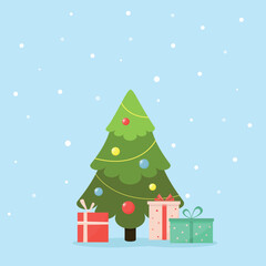 Christmas tree and gifts. Christmas card