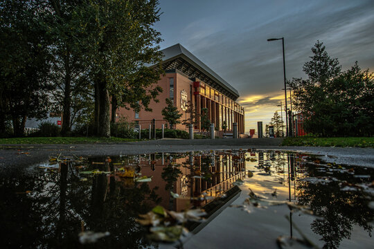 The Anfield Stadium at night, reflection of the stadium, football team, home of a team