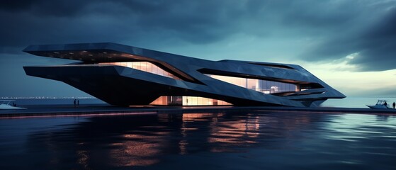 Science fiction black modern building situated on the sea - obrazy, fototapety, plakaty