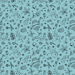 Black simple doodle hand drawn christmas illustrations blue background.Print xmas,new year party wrapper,cards,invitations,design