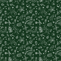 White,red simple doodle hand drawn christmas illustrations  green background.Print xmas,new year party wrapper,cards,invitations,design