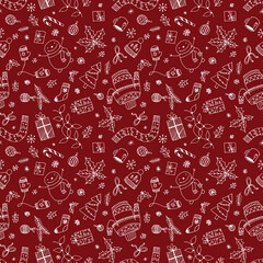 Naklejka premium Black simple doodle hand drawn christmas illustrations red background.Print xmas,new year party wrapper,cards,invitations,design
