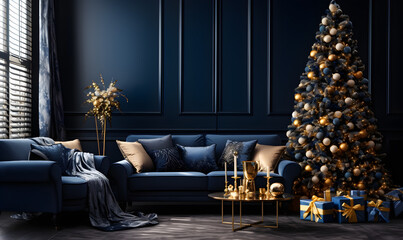 A modern luxurious Christmas-themed living room with a deep blue and gold color scheme