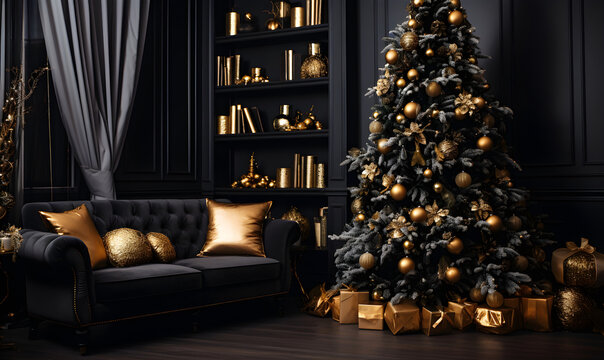 A modern luxurious Christmas-themed living room with a black and gold color scheme
