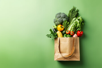 Purchases or delivery of healthy food. Healthy vegan vegetarian food in a paper bag, fruits and vegetables on a green, copy space. Food supermarket and the concept of pure vegan nutrition. - obrazy, fototapety, plakaty
