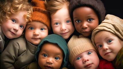 A group of babies is standing together looking to the camera.