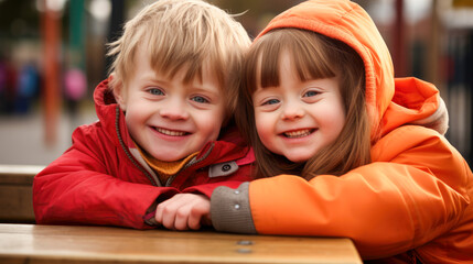 A young girl posing with a young boy next to a picnic bench.