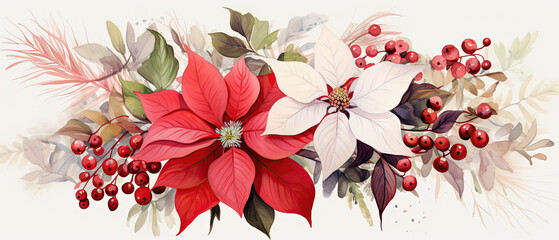  fondo de ramo de flores de pascua rojas y blancas con plantas de acebo - obrazy, fototapety, plakaty