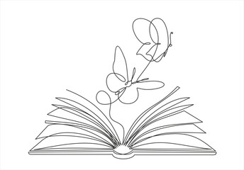 Continuous one line drawing of open book with flying butterflies. Vector illustration on white background.