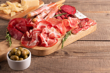 Charcuterie board. Antipasti appetizers of meat platter with salami, prosciutto crudo or jamon and olives