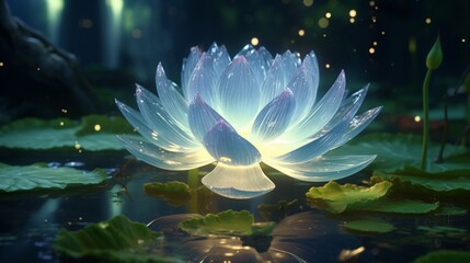 A mesmerizing Opal Lotus emerging from crystal-clear water, surrounded by lush green leaves and...