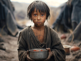 A child refugee in the midst of war, living in a slum, experiencing hunger, and poverty