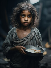 A child refugee in the midst of war, living in a slum, experiencing hunger, and poverty