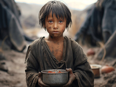 A child refugee in the midst of war, living in a slum, experiencing hunger, and poverty