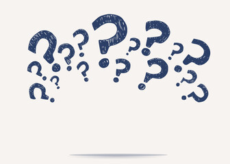 Question mark symbol sign hand draw doodle style arranged in semicircle banner copy space. Questionnaire wallpaper. Choice or problem or question or doubt or interrogation concept. Faq - obrazy, fototapety, plakaty