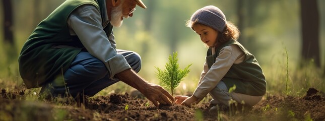 Cute little grandson with grandfather planting a small tree. - obrazy, fototapety, plakaty