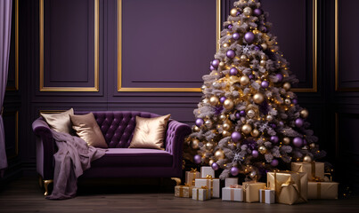 A modern luxurious Christmas-themed living room with a purple and gold color scheme
