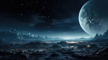 Fototapeta na wymiar Lunar Terrain with Distant Planet on the Horizon