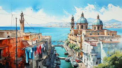 Fototapeta na wymiar Watercolor painting of Naples, Italy